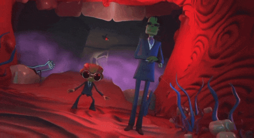 a man in a suit stands next to a cartoon character