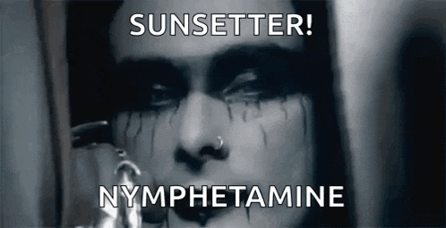 a black and white photo of a woman 's face with the words sunsetter nymphetamine written above her .