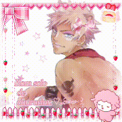 a picture of a man with a pink bow in his hair and a pink sheep on the bottom right