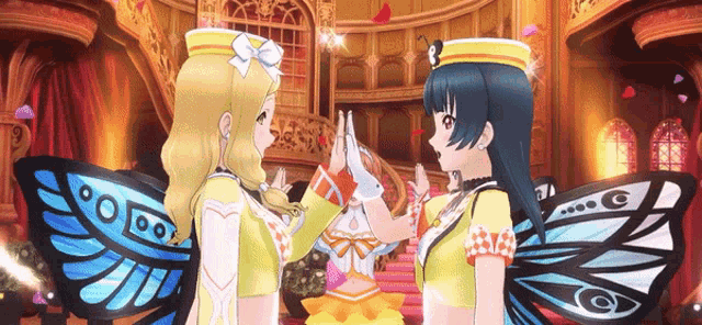 two anime girls with butterfly wings giving each other high fives