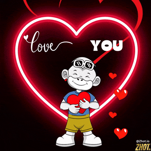 a cartoon boy is holding a heart in front of a heart that says love you