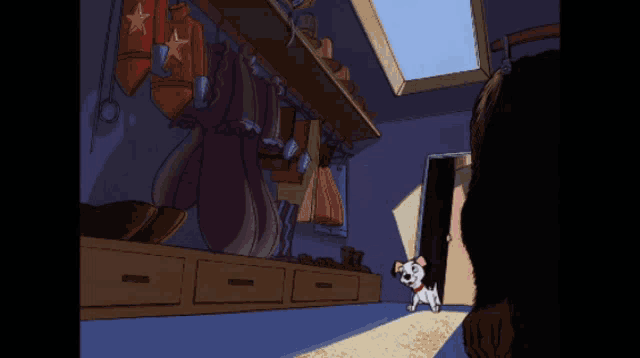 a cartoon dog with a red collar is standing in a room with drawers