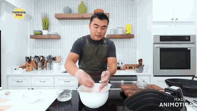 a man prepares food in a kitchen with a panlasang pinoy logo behind him