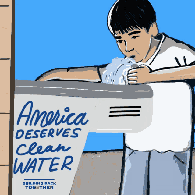 a cartoon of a boy drinking water from a fountain with a sign that says america deserves clean water