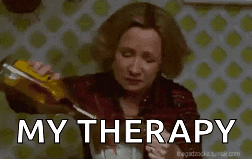 a woman is pouring a drink into a glass with the words my therapy written below her