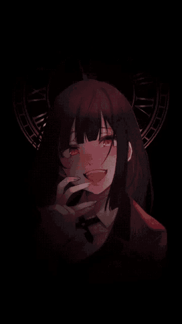 a girl with red eyes and black hair is smiling in the dark .