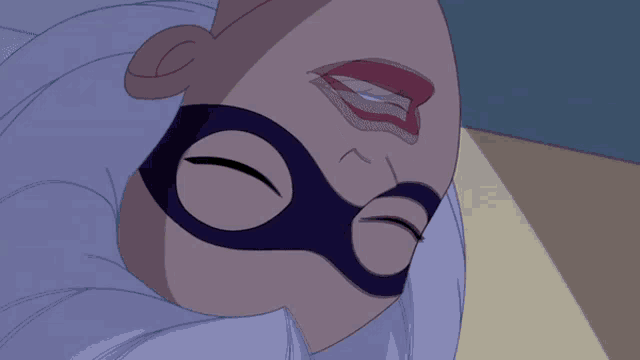 a close up of a cartoon character with a mask on her face