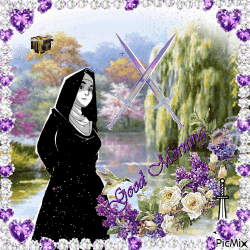 a picture of a woman with two crossed swords and the words good morning on it