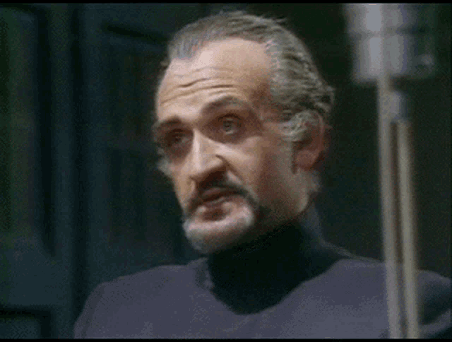 a man with a beard and a black turtleneck looks at the camera