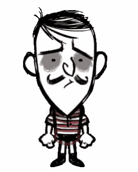 a cartoon drawing of a man with a mustache and a striped shirt and suspenders .