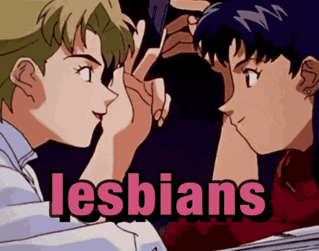 two anime girls are touching faces and the word lesbians is visible