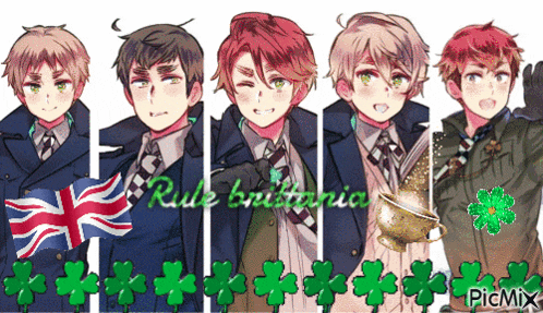 a group of boys are standing next to each other with the words rule britain written in green