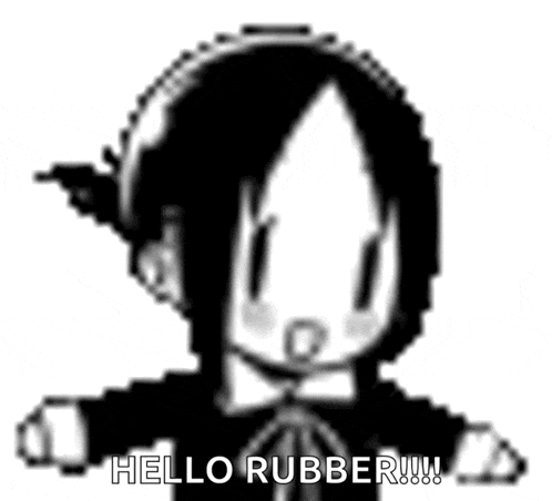 a black and white cartoon of a girl saying `` hello rubber ! ''