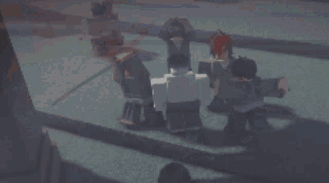 a group of people are standing next to each other in a video game and one of them is holding a sword .