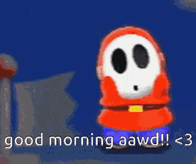 a cartoon character says " good morning aawd !! < 3 "