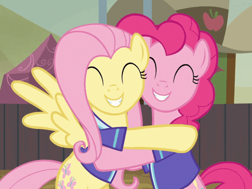 fluttershy and pinkie pie hugging each other in a cartoon