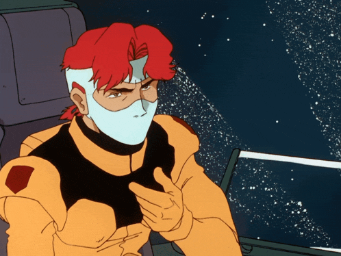a cartoon character with red hair and a white mask