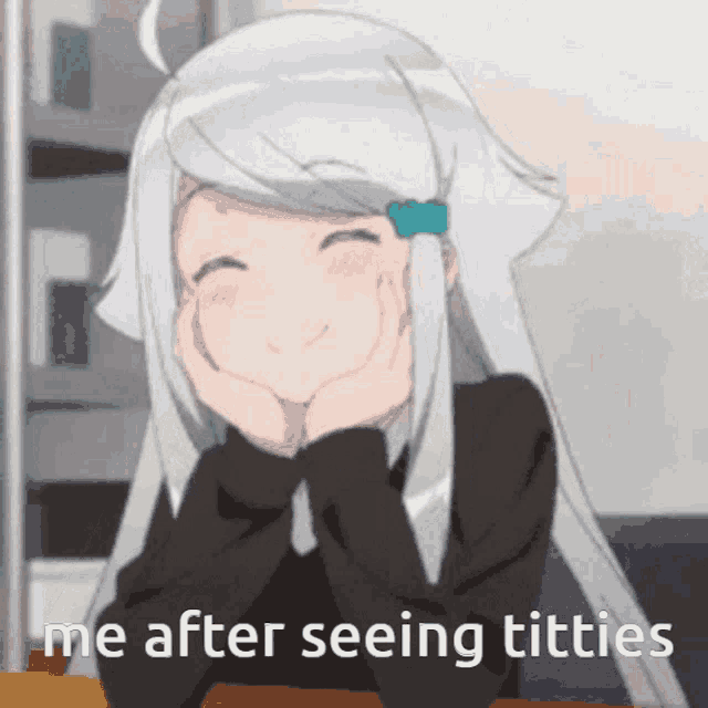 a picture of a girl with the words me after seeing titties on the bottom