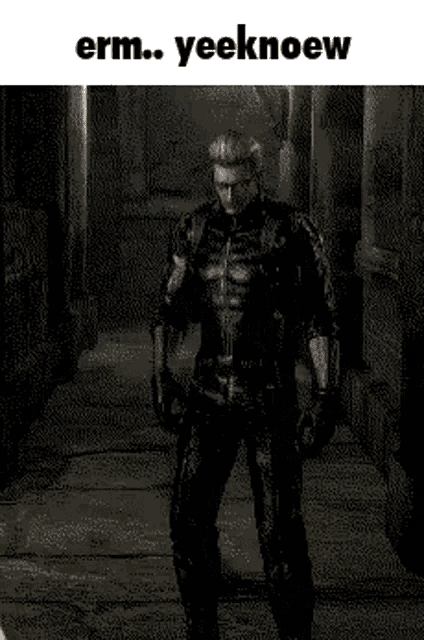 a black and white photo of a man in a leather suit with the words " erm yeeknoew " on the bottom