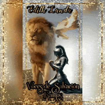 a picture of a woman in armor kneeling in front of a lion