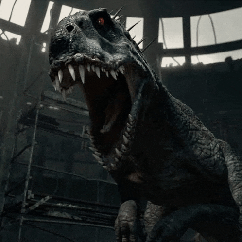 a close up of a dinosaur with sharp teeth and red eyes