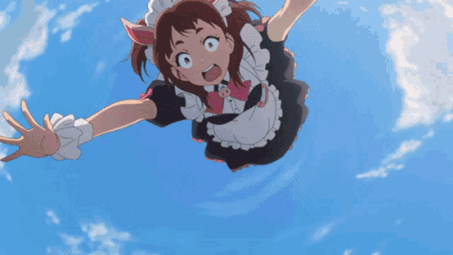 a girl in a maid outfit is doing a trick