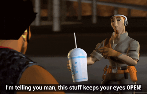 a man is holding a cup with a straw and says " i 'm telling you man this stuff keeps your eyes open