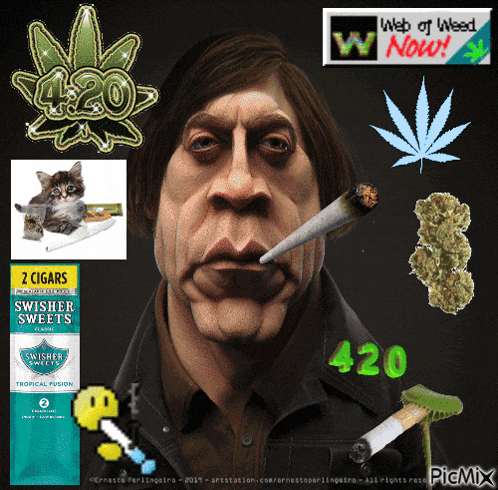 a cartoon of a man smoking a cigarette with a web of weed now sticker