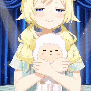 a girl with blonde hair is holding a stuffed sheep with horns