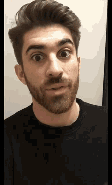 a man with a beard is making a funny face with his eyes wide open