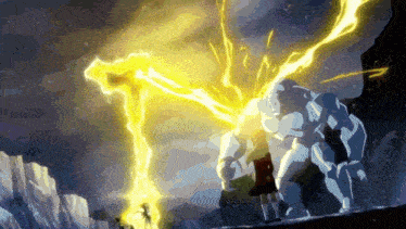 a person is standing in front of a monster that is being attacked by a lightning bolt