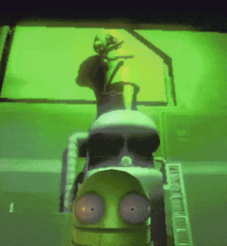 a cartoon character wearing sunglasses is standing in front of a green background