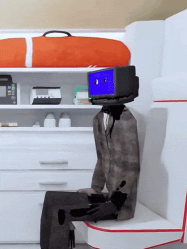 a cartoon character with a blue box on his head sits in a room