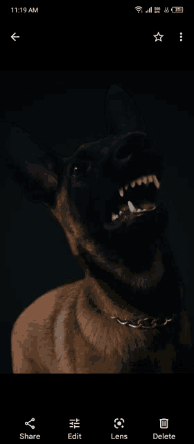 a phone screen shows a picture of a dog with its mouth wide open