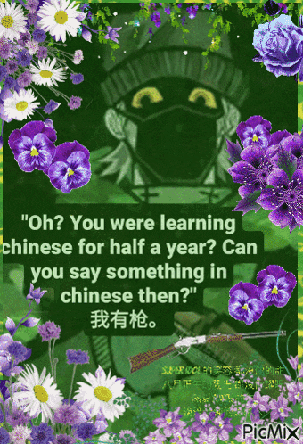 a green background with purple flowers and a man wearing a mask with the words oh you were learning chinese for half a year