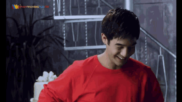 a man in a red shirt is smiling in front of a sign that says pinoymovies