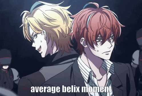two anime characters standing next to each other with average belix moment written on the bottom
