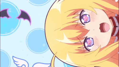 a close up of a girl with wings and a bat