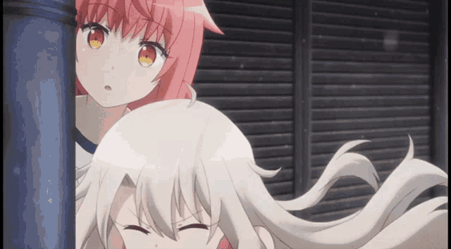 a girl with pink hair and a girl with white hair