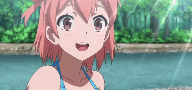a pink haired anime girl in a blue bikini is standing in front of a body of water .