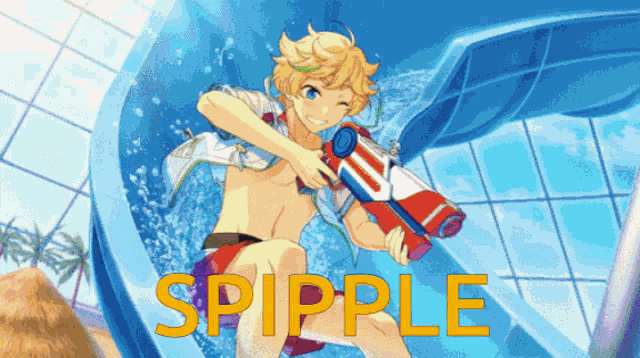 a shirtless anime character is holding a water gun and the word spipple is on the bottom right