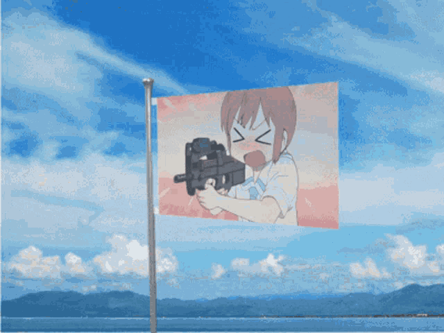 a flag with a picture of a girl holding a gun against a blue sky