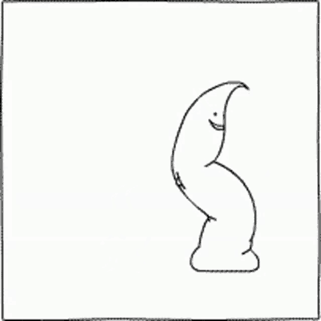 a black and white drawing of a cartoon character with a smile on its face