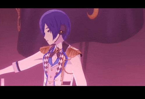a purple haired anime character wearing headphones