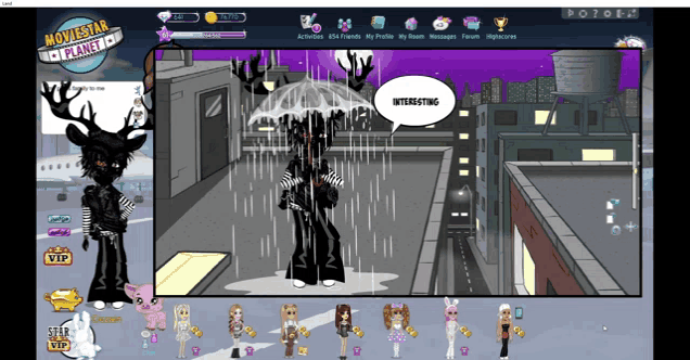 a video game called moviestar planet shows a man holding an umbrella in the rain