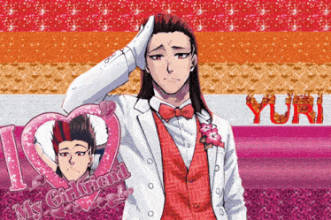a picture of a man in a white suit with yuri written in red