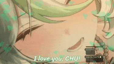 a girl with green hair is surrounded by hearts and the words i love you chu