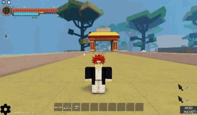 a screenshot of a video game shows a character with red hair and a yellow building in the background
