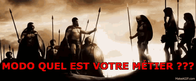 a group of soldiers standing next to each other with the words modo quel est votre metier below them