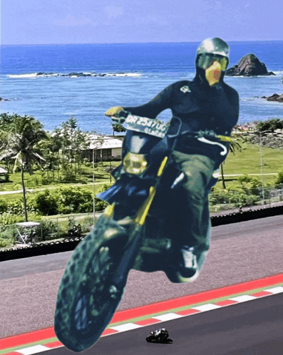 a man is riding a motorcycle with a license plate that says dnf257700